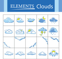 Cute Weather Cloud Icons &ndash; Cartoon Sky Vector Elements Set