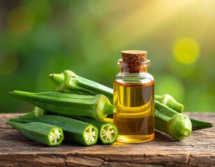 Glass bottle with yellow liquid, fresh okra on wood, blurred background