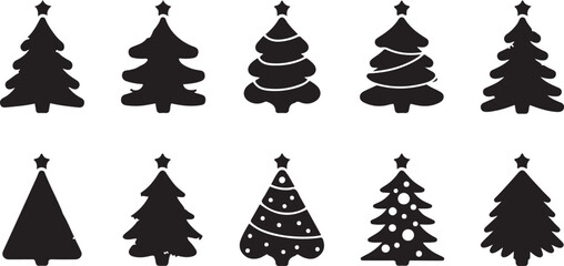 Naklejka premium Tree Silhouette Vector Set with Festive Decorations and Star Toppers