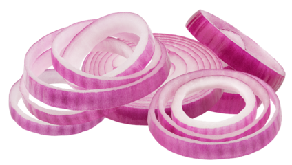 pile of freshly sliced red onion rings and wedges, demonstrating various cuts and the vibrant purple coloration, isolated photograph.