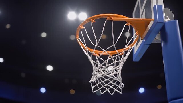 Basketball hoop with bright lights in a dark arena.