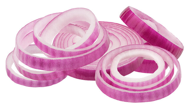 pile of freshly sliced red onion rings and wedges, demonstrating various cuts and the vibrant purple coloration, isolated photograph.