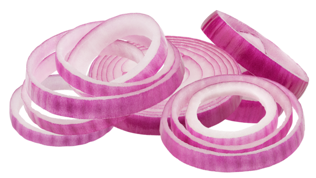 pile of freshly sliced red onion rings and wedges, demonstrating various cuts and the vibrant purple coloration, isolated photograph.