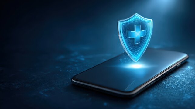 A concept of digital healthcare security with a glowing blue shield protecting medical information displayed on a phone
