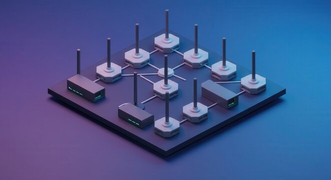 Isometric digital network diagram featuring interconnected routers and nodes rendered in cool lighting