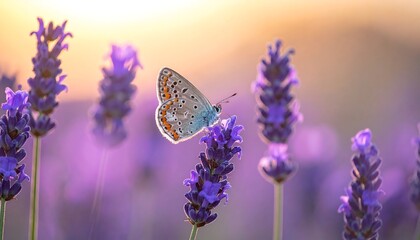 A close-up shot of a butterfly perched atop a vibrant purple lavender flower, basking in warm sunset light