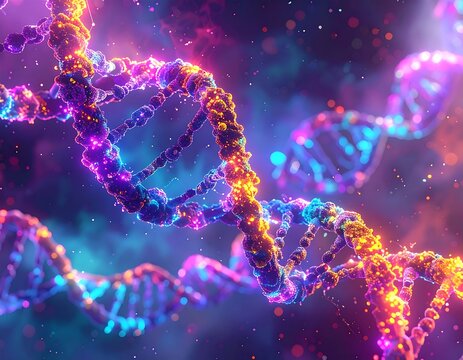 A vibrant, detailed depiction of a double helix structure. Glowing strands intertwine with brilliant colors against a dark background