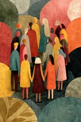 Colorful group of diverse people holding hands in unity amid abstract circular shapes
