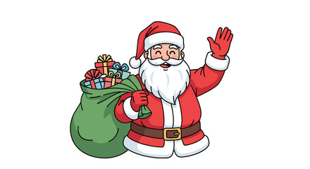 Cartoon Santa with a sack of gifts waves clad in a red suit with white trim and blackbuckled brown belt