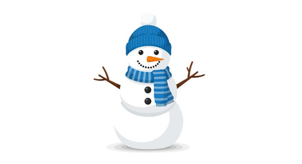 Cheerful snowman with blue hat scarf twig arms carrot nose and coal buttons