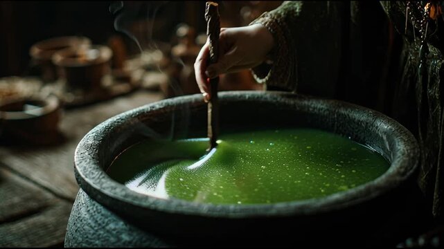 Witch stirring potion in cauldron