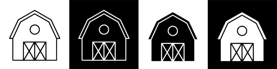 Versatile modern vector icon set showcasing minimalist barn designs in high-contrast black and white for agricultural and farm-themed graphic elements © IamHydra13