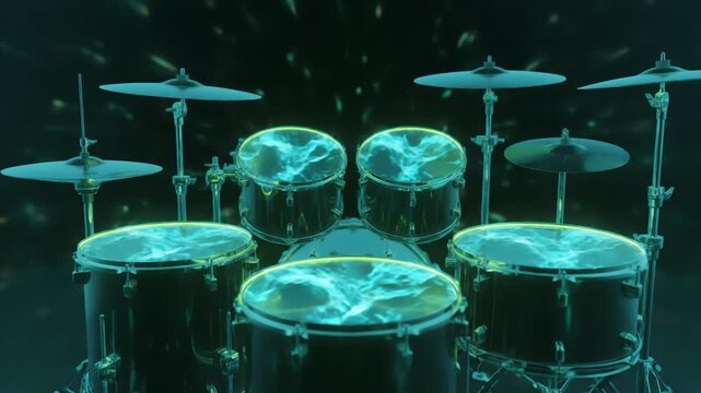 Illuminated Drum Set with Dynamic Light Pulses Across Cymbals and Drum Heads in an Abstract Neon Environment