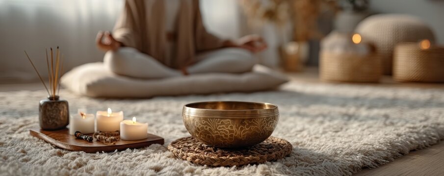 Calm meditation scene with singing bowl, candles, and soft rug in a cozy home setting