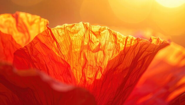 Close Up of Vibrant Orange Poppy Petals Backlit by Golden Sunlight with Soft Bokeh Background in a Garden - Powered by Adobe