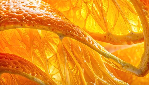 Close up of vibrant translucent orange fruit slices backlit showing intricate details of pulp segments and texture illuminated with warm glowing light creating a refreshing and healthy food concept