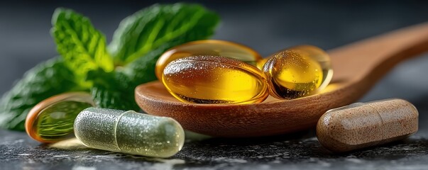 Selection of natural health supplements with fresh mint leaves in a wooden spoon