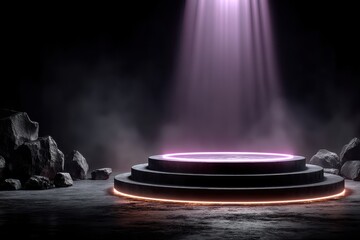 Futuristic podium illuminated by glowing purple neon lights with a dramatic atmosphere