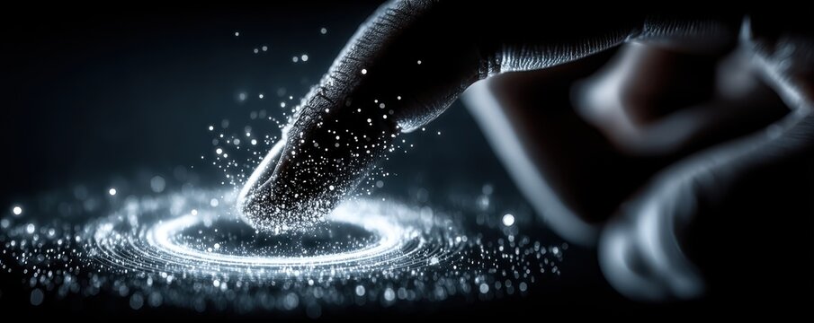 Hand touches a futuristic blue digital interface ring in a dark high-tech scene