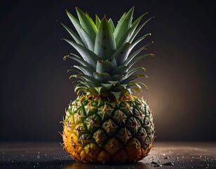 Juicy ripe pineapple with its vibrant green crown and golden-green skin, dramatically lit against a deep, shadowed backdrop, highlighting its natural beauty and exotic appeal
