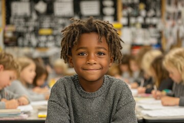 Smiling young boy in a classroom with peers focusing on activities