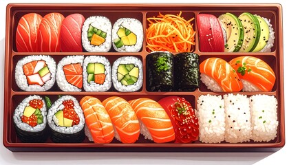 Japanese bento box with variety of colorful sushi and rolls