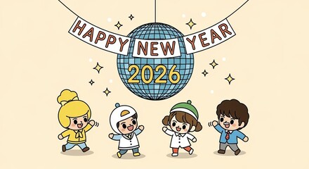 Happy New Year 2026 Celebration with Cute Characters Dancing