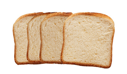 photograph showcasing four overlapping slices of soft, freshly baked white square sandwich bread, featuring golden crusts, arranged horizontally and isolated on a solid transparent background.