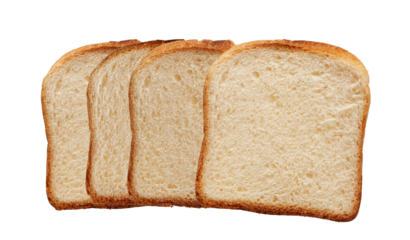 photograph showcasing four overlapping slices of soft, freshly baked white square sandwich bread, featuring golden crusts, arranged horizontally and isolated on a solid transparent background.