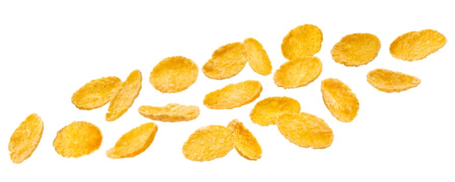 photograph capturing numerous individual corn flakes pieces scattered and floating dynamically mid-air, showcasing their crispy texture, isolated against a smooth transparent background.