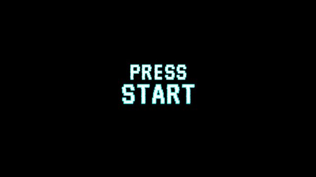 Pixelated press start text glitch with glow effect.dynamic motion video game on black screen. 4k animation video