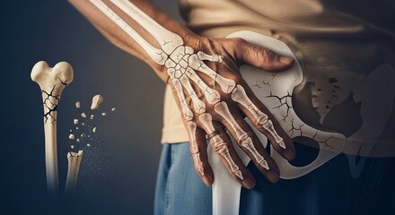 Senior woman's aging bones with fractures highlights osteoporosis and arthritis risks, ideal for medical education and health awareness campaigns about bone density