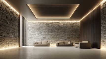 Naklejka premium Luxurious minimalist lounge area in modern office building, elegant stone wall and smooth wood textures, clean lighting gradient, ample empty center for typography