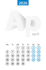 Calendar for April 2026, blue circle design. English language, week starts on Monday.