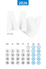 Calendar for May 2026, blue circle design. English language, week starts on Monday.