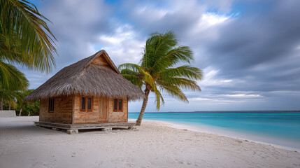 Fototapeta premium Tranquil Tropical Hut on Private Island Beach Surrounded by Lush Palm Leaves Under a Gentle Sky