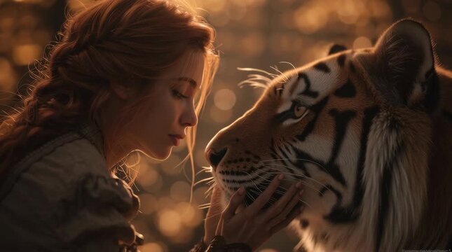 Photoreal live-action close portrait at golden hour: an adult red-haired witch presses her forehead to a majestic Amur tiger; her fingers sink into his cheek fur, both eyes soft and peaceful. Amber 