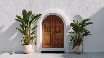 Minimal tropical home facade featuring arched wooden double doors, smooth white stucco wall, two lush banana plants in planters, centered black doormat, soft natural light
