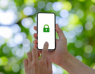 Close-up shot of two hands holding a smartphone with a green lock icon on the screen against a blurred green background with bokeh effect.