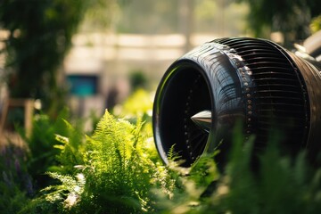 Jet engine in lush greenery