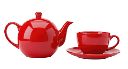 Red teapot and cup with saucer transparent background cutout png