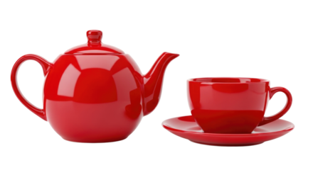 Red teapot and cup with saucer transparent background cutout png