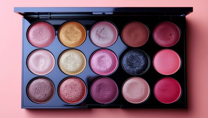Overhead view of a black eyeshadow palette with various colorful shades on a pink background.