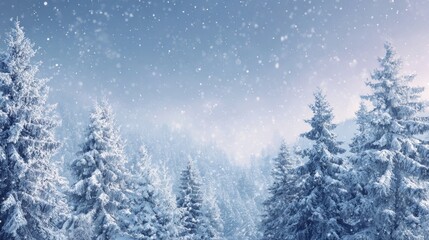 Naklejka premium A serene winter landscape featuring snow-covered evergreen trees under a soft, snowy sky, evoking tranquility and the beauty of nature.