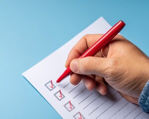 Hand completing checklist with red pen