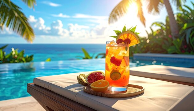 Vibrant tropical fruit cocktail garnished with pineapple and mint rests on a lounger beside a clear blue swimming pool with palm trees and ocean in the background during a sunny day - Powered by Adobe