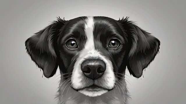 
Black and white dog portrait with floppy ears and expressive eyes in monochrome style on gray background