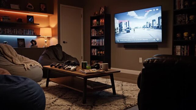 Modern entertainment room with tv games controllers and beanbag chairs