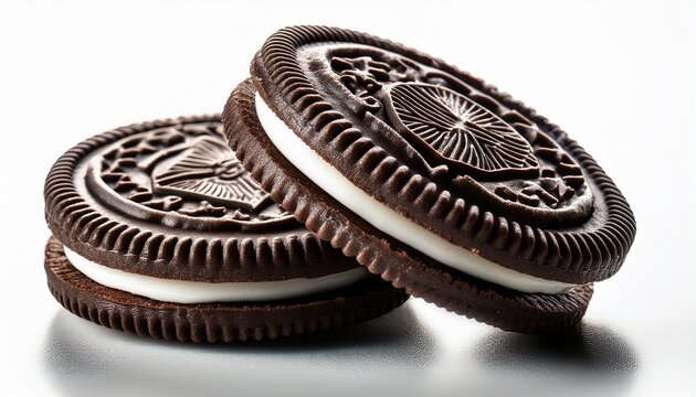 Close-up of chocolate Oreo cookies showing creamy filling, detailed texture, and branding against a clean white surface.