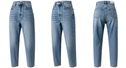 Three pairs of light blue denim jeans front view side view and back view transparent background cutout png